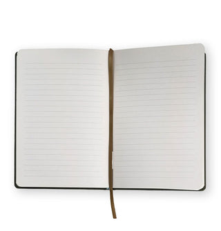 Opened journal features lined white pages and an attached olive green ribbon bookmark