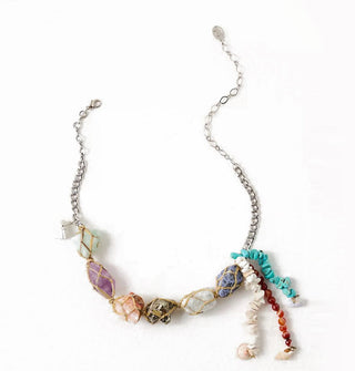 Rough-cut gemstones wrapped in brown thread are set on a silver curb chain and accented by three strands of stone beads in white, brown, and turquoise