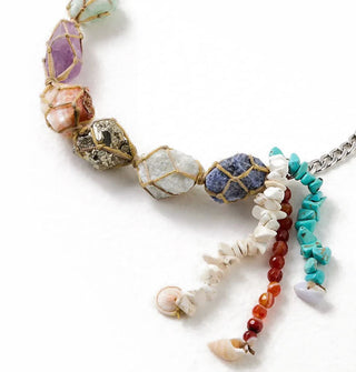 Rough-cut gemstones wrapped in brown thread are set on a silver curb chain and accented by three strands of stone beads in white, brown, and turquoise