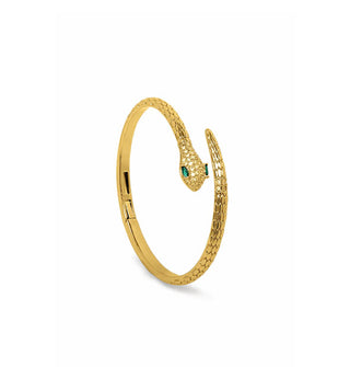 Textured gold snake wrap bracelet with hinge and green eyes