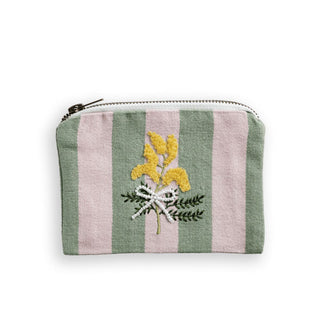 Pink and green striped cotton zippered pouch with embroidered goldenrod bloom accented with a beaded white bow on its stem