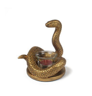 Gold coiled snake figurine with scaly texture and center glass candle holder