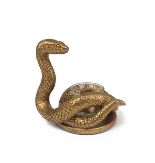 Gold coiled snake figurine with scaly texture and center glass candle holder