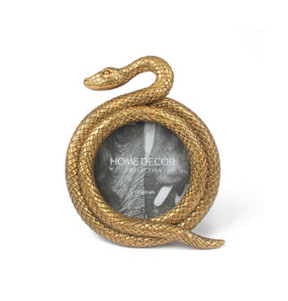 Gold coiled snake picture frame with scaly texture, upraised head, and partially extended tail