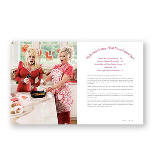 Page spread from Good Lookin' Cookin' features a section titled, "Valentine's Day—Eat Your Heart Out" alongside a photograph of Dolly and Rachel in red heart-themed outfits looking surprised as they torch bananas in a skillet