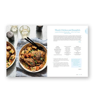 Page spread from Good Lookin' Cookin features a recipe for Rustic Chicken and Dumplin's alongside a photograph of the dish
