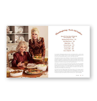 Page spread from Good Lookin' Cookin features a section titled, "Thanksgiving—Let's All Gather" alongside a photograph of Dolly and Rachel in brown outfits at a table set with several serving dishes full of  food