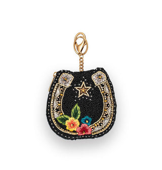 Black beaded change purse with gold keychain hardware features a horseshoe design accented by colorful floral embroidery