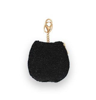 Rounded black beaded change purse with gold keychain hardware
