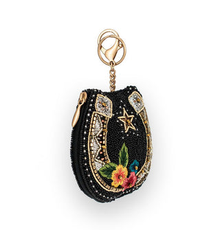 Black beaded change purse with gold keychain hardware features a horseshoe design accented by colorful floral embroidery