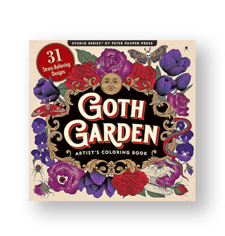 Cover of Goth Garden Artist's Coloring Book features intricate floral designs accented with spiders, moths, and skulls around a gold border topped with a oon face