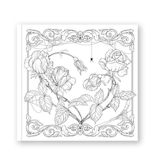 Sample sheet from the Goth Garden coloring book features illustration of roses and a spider weaving a web