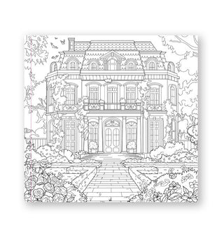 Sample sheet from the Goth Garden coloring book features illustration of a vine-covered mansion with hedges and rosebushes in front of it