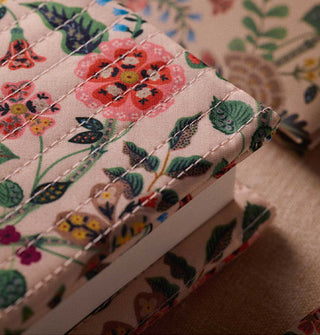 Closeup of floral patterned quilted fabric book cover