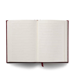 Opened journal with white, lined pages and ribbon bookmark peeking out from below