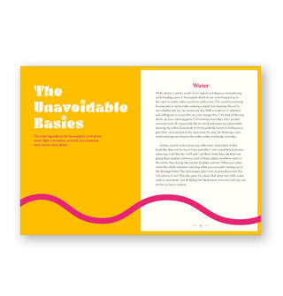 Page spread from The Green Dumb Guide to Houseplants features a chapter header titled, "The Unavoidable Basics" followed by a section titled, "Water" with yellow, white, and pink design elements