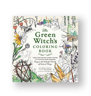 Cover of The Green Witch's Coloring Book features a dense border of partially-colored nature-inspired illustrations