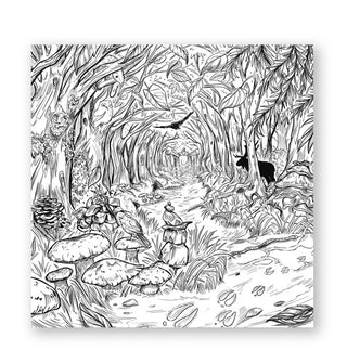Page from The Green Witch's Coloring Book features an intricate forest scene with mushrooms and various fauna