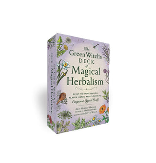 Box of The Green Witch's Deck of Magical Herbalism cards features delicate floral illustrations across its purplish edges