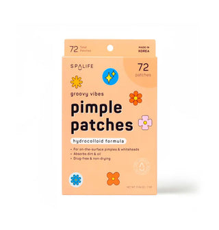 Rectangular orange 72-pack of Spa Life Groovy Vibes Hydrocolloid Formula Pimple Patches with star and flower graphics