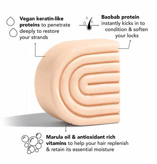 Ribbed C-shaped hair mask bar is labeled with its key benefits accented by infographics