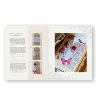 Page spread from The Handmade Grimoire features a section titled, "Tag and Stamp Inspiration" with photograph and illustrated instructions
