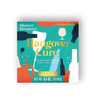 Teal box of Hangover Cure Shower Steamers with blue, orange, and white design accents and metallic gold lettering