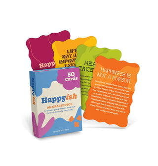 Box and four-card spread of wavy-edged, colorful Happyish oracle cards