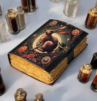 Leather notebook with rough page edges and a brown hare cover design accented with geometric and celestial symbols is held closed by a strap with brass lock and is surrounded by glass vials on a gray surface
