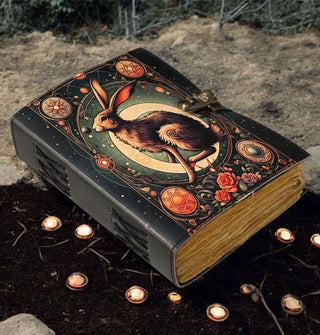 Leather notebook with rough page edges, celestial brown hare cover design, and brass lock is staged on a dirt surface with glowing ember-like orbs