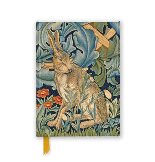 Journal cover features William Morris artwork of a hare standing among swirling ferns, flowers, and leaves; double gold ribbon bookmarks extend from the bottom