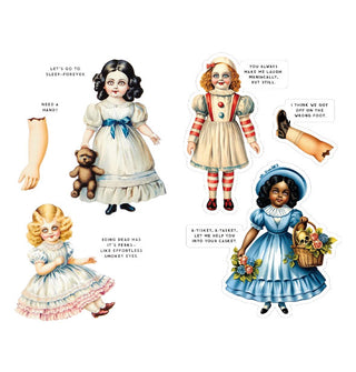 Illustrations from the Haunted Dolls sticker book include creepy-looking dolls and doll parts with captions