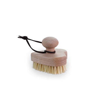 Wooden heart-shaped body brush with knob handle tied with a hanging loop