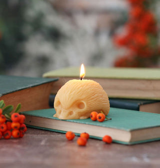 Lit beeswax hedgehog candle staged with old books and berries
