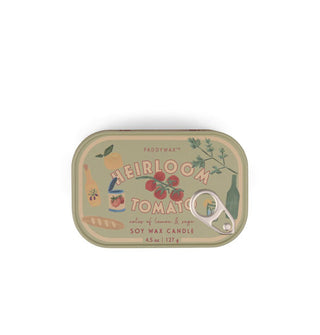 Rectangular Heirloom Tomato candle tin with rounded corners, decorative illustrations, and an ornament pull tab