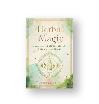 Cover of Herbal Magic: A Handbook of Natural Spells, Charms, and Potions by Aurora Kane features green watercolor splotches and fine gold design elements
