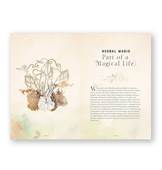 Page spread from Herbal Magic: A Handbook of Natural Spells, Charms, and Potions features a section titled, "Herbal Magic: Part of a Magical Life" alongside an illustration in gold of crystals and flowers