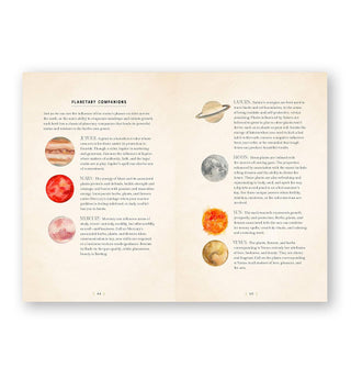 Page spread from Herbal Magic: A Handbook of Natural Spells, Charms, and Potions features a section on Planetary Companions with illustrations representing each planet next to its paragraph