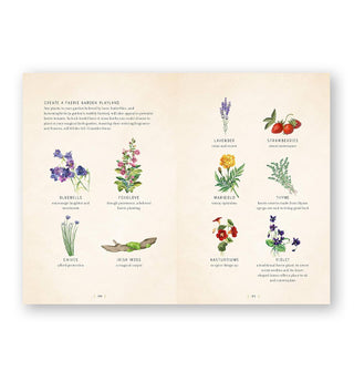 Page spread from Herbal Magic: A Handbook of Natural Spells, Charms, and Potions features a section titled, "Create a Faerie Garden Playland" with  colorful illustrations of various flowers