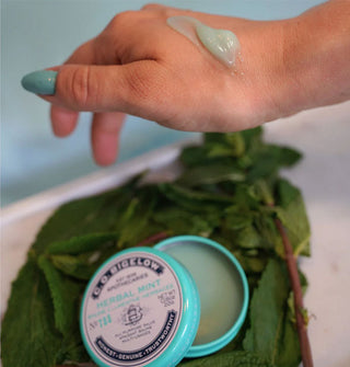 Model wears a glob of Herbal Mint All-Purpose Salve on the back of hand while a tin of the product rests open in the background of a bed of peppermint leaves