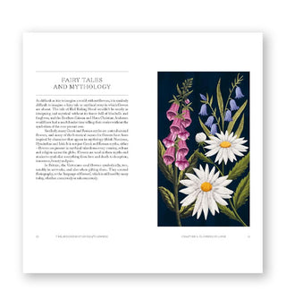 Page spread from The Hidden Histories of Flowers features a section titled, "Fairy Tales and Mythology" from the chapter titled, "Flowers in Lore" with accompanying flower illustration