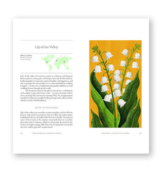 Page spread from The Hidden Histories of Flowers features a section titled, "Lily of the Valley" from the chapter titled, "Poisonous Flowers" alongside accompanying  illustration