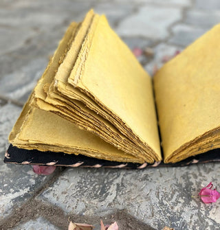 Fanned-out deckle edge yellowed book pages on a stone surface scattered with petals