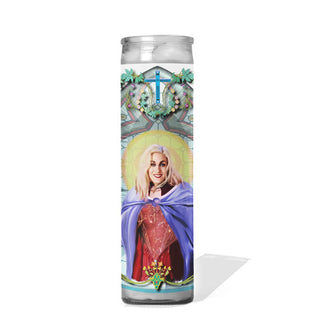 Tall glass prayer candle with label illustration depicting Hocus Pocus character Sarah Sanderson as a saint