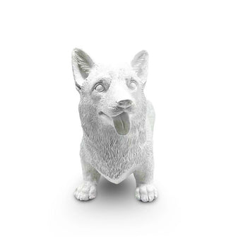 Front view of a white corgi sculpture with tongue hanging out