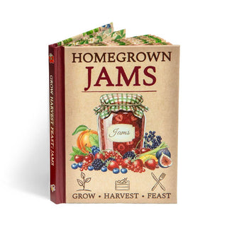 Brown cover of Homegrown Jams with dark red spine features an illustration of jam jar surrounded by berries and other  fruits