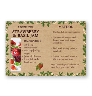 Page spread from Homegrown Jams features a recipe for Strawberry & Basil Jam with photograph and illustration