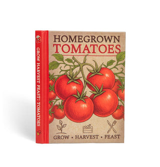 Brown cover of Homegrown Tomatoes (Grow, Harvest, Feast) with red spine features a central illustration of tomatoes on the vine and infographics above each word in the subtitle