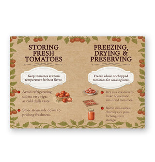 Page spread from Homegrown Tomatoes features sections on Storing Fresh Tomatoes and Freezing, Drying & Preserving with illustrations