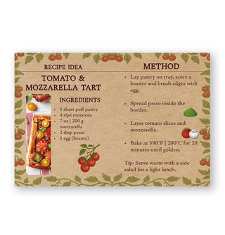 Page spread from Homegrown Tomatoes features a recipe for Tomato & Mozzarella Tart with photograph and illustrations